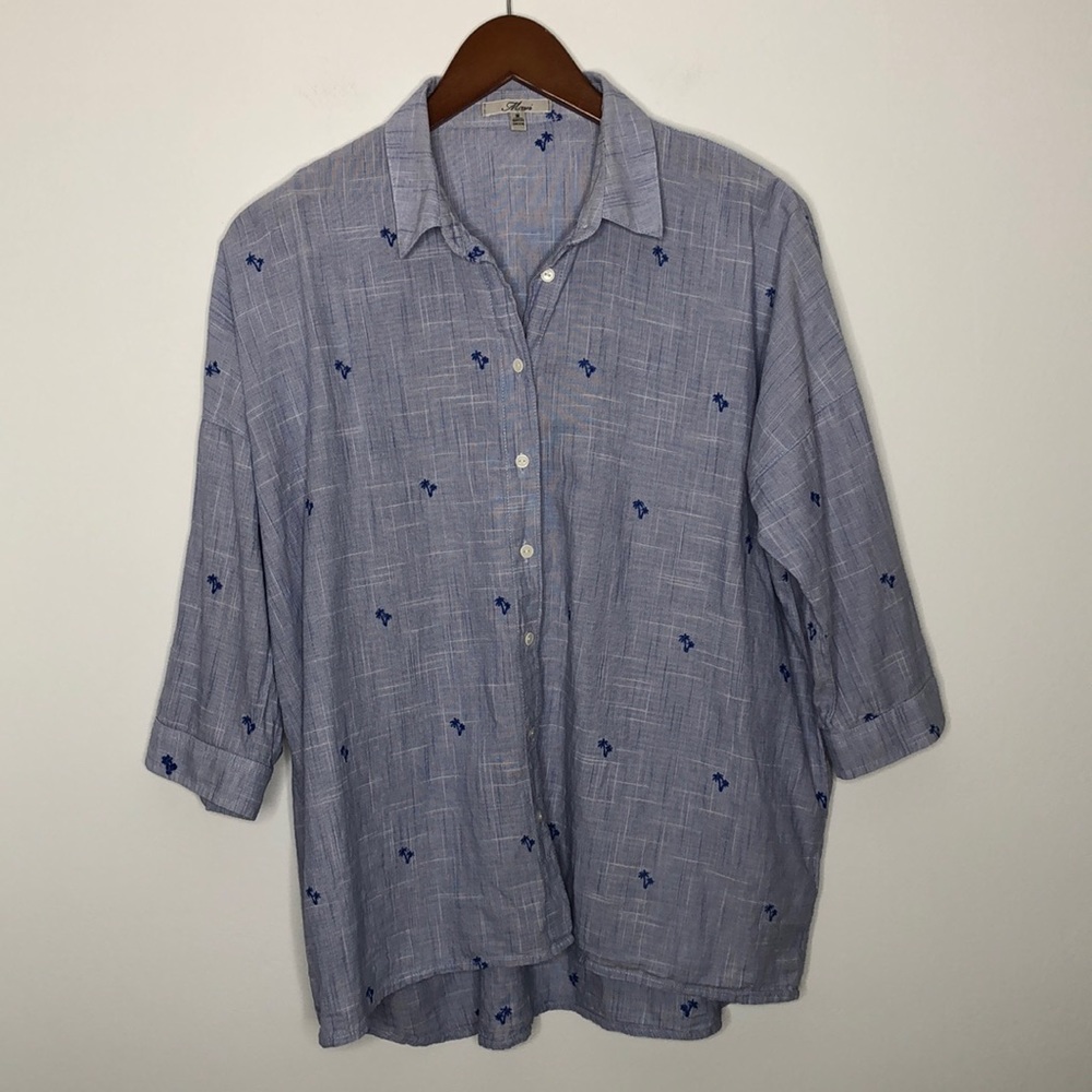 Mavi Light Blue Button Down Palm Tree Embroidery